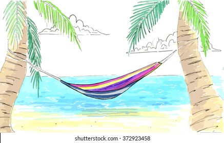 Hammock between palms. Ocean, sand coast and palms. Sea.