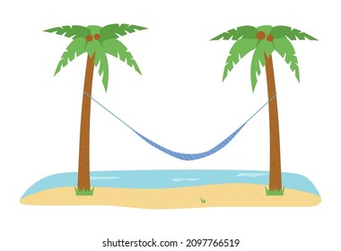 Hängematte zwischen zwei Kokospalmen am Strand. Swing net Bett für Erholung und Entspannung, tropische Ozean Ferien Illustration. Hängematte, Vektorsymbol.
