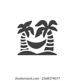 Hammock between two palm trees vector icon. filled flat sign for mobile concept and web design. Summer Hammock glyph icon. Travel and vacations symbol, logo illustration. Vector graphics