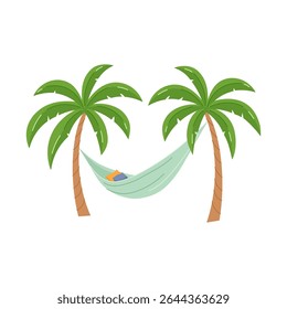 Hammock between two palm trees. Simple cartoon illustration