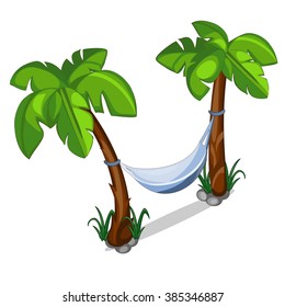 Hammock between two palm trees. Service on the beach. Vector illustration.
