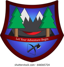 Hammock camping vector badge with trees and mountains 