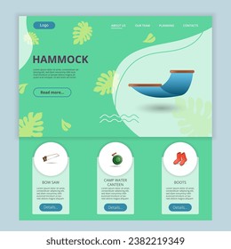 Hammock flat landing page website template. Bow saw, camp water canteen, boots. Web banner with header, content and footer. Vector illustration.
