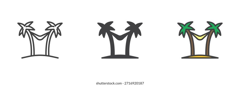 Hamaca que cuelga entre el icono de las palmeras en línea, estilo colorido del contorno sólido y lleno. Icono de Relax dos veces mostrado como signo de Vector, símbolo, paquete de color.