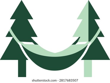 Hammock hanging between two evergreen trees flat design icon