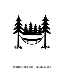 Hammock hanging between two tall pine trees in a forest setting isolated on transparent background