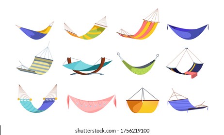 Hammock hanging large set. Modern hanging hammocks bright fashionable pink rhinestones basket drawing tropical green yellow colors striped red orange deep dark blue towel. Relaxing clipart vector.