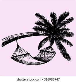 Hammock hanging on palm, doodle style, sketch illustration