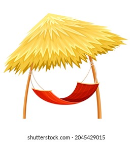 Hammock Hanging on Poles with Thatched Roof Shade Vector Illustration