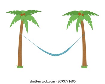 Hammock hangs between palm trees, flat vector illustration isolated on white background. Summer beach relaxation and recreation.