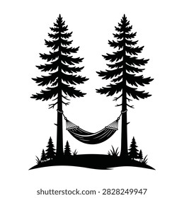 A hammock hangs between two large pine trees in a serene forest setting, evoking relaxation and tranquility in nature