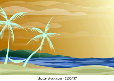 Hammock hangs from palm trees on sandy beach (also available in jpg)