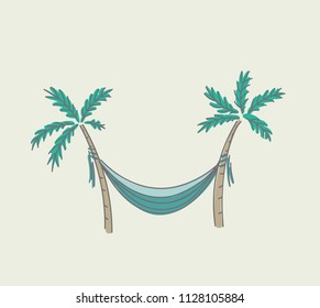 Hammock hung between two palms sketch in linear style in muted pastel colors vector illustration
