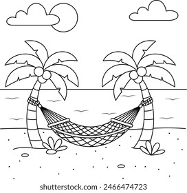 Hammock hung on a coconut tree on the summer beach coloring page for kids. Summer activity holiday vector illustration