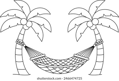 Hammock hung on a coconut tree on the summer beach isolated on white background coloring page for kids. Summer activity holiday vector illustration