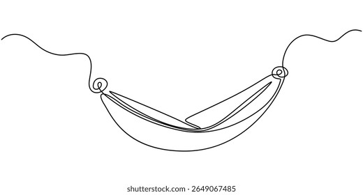 A rede pendurou nas árvores, continuando um desenho de linha. Relaxe conceito estilo minimalista design de linha única. Ilustração vetorial, traçado editável, desenho contínuo de uma arte de uma linha de uma ilustração em rede.