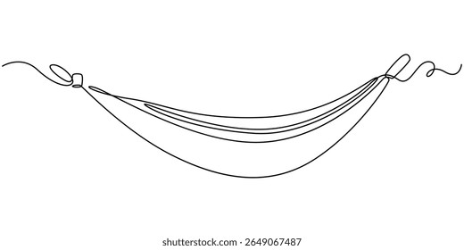 A rede pendurou nas árvores, continuando um desenho de linha. Relaxe conceito estilo minimalista design de linha única. Ilustração vetorial, traçado editável, desenho contínuo de uma arte de uma linha de uma ilustração em rede.