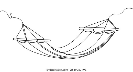 A rede pendurou nas árvores, continuando um desenho de linha. Relaxe conceito estilo minimalista design de linha única. Ilustração vetorial, traçado editável, desenho contínuo de uma arte de uma linha de uma ilustração em rede.