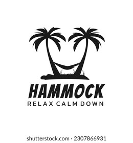 Hammock icon. Vector Hammock between palm trees in black color.