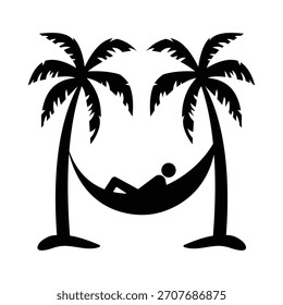 Icono de la hamaca, diseño del Vector. Persona que se relaja en la hamaca. Silueta del símbolo de la hamaca para relajarse, silueta del Vector de la hamaca entre las palmeras. Ilustración vectorial. Isla tropical con palmeras