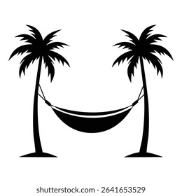 Hammock icon, vector design. Silhouette of hammock symbol for relaxing, Hammock between palm trees vector silhouette. Vector illustration.