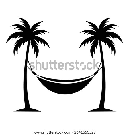 Hammock icon, vector design. Silhouette of hammock symbol for relaxing, Hammock between palm trees vector silhouette. Vector illustration.