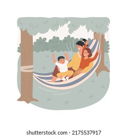 Hammock isolated cartoon vector illustration. Adult and kids lying in colorful hammock, family picnic, relax time outdoor, swinging and laughing, cloth hanging between trees vector cartoon.