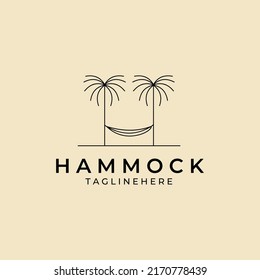 hammock line art logo vector design with outdoor palm trees