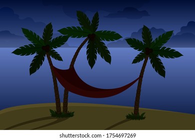 Hammock om coconut tree. Night. Vector illustration.