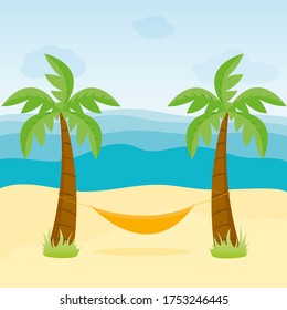 Hamaca en la playa con palmeras junto al mar. Costa tropical. Ilustración vectorial de estilo plano.