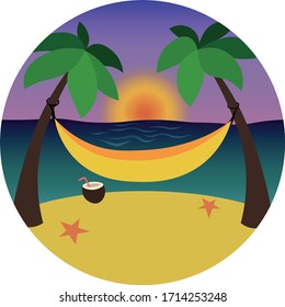 Hammock on the beach. Rest near the sea. Sunset and palm trees. Cocktail, pina colada and orange starfish. Paradise pleasing.
