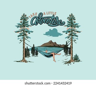 hammock on mountain vector print design pine tree  and lake