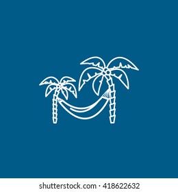 Hammock on the palms line icon on blue background
