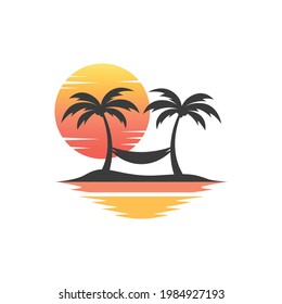 Hammock at Palm Tree Island Abstract Logo. Illustration beach and sunset view.