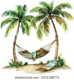 Hammock and Palm Tree Scene watercolor