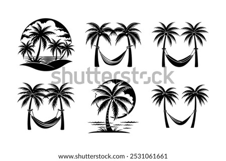 hammock and Palm tree silhouette on the beach by the sea for summer vacation