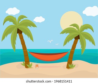 Hammock with palm trees on a beach. Tropical background with the sea. Vector flat design
