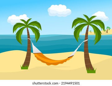 Hammock and palm trees on beach. Beach vacation. Hammock between palm trees. Tropical background with sea. Flat style vector illustration eps10