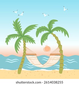 Hammock with palm trees on the beach. Tropical beach hammock on sunset landscape. Summer beach flat vector illustration with palms and seascape for banner, postcard, social media.