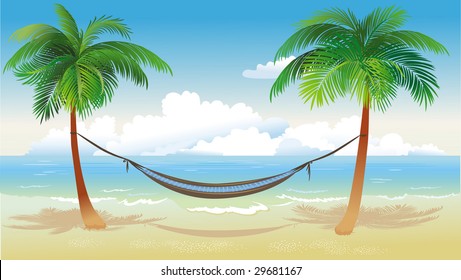 Hammock and palm trees on beach