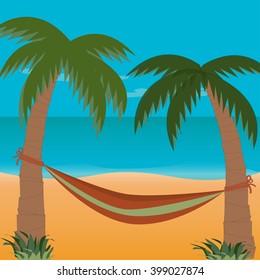 Hammock with palm trees on the beach. Vector illustration.