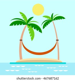 Hammock with palm trees on beach. Tropical background with sea. Flat style vector