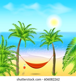 Hammock with palm trees on beach. Cocktail near the hammock. Tropical background with ocean. Vector illustration.	