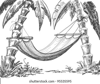 Hammock And Palm Trees Vector Drawing