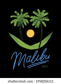 Hammock and palms smiling face Malibu surfing t-shirt print. Summer sports vector illustration.