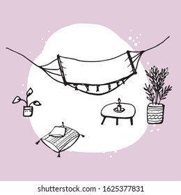 Hammock, pillows and coffee table. Vector hand drawn isolated objects. Sketch style.