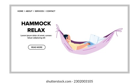 vector de relajación hamaca. descanso de verano, vacaciones, mujer de ocio, persona resort, día paraíso hamaca relajar web plana ilustración de caricatura