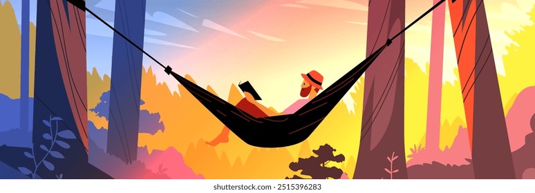 Hammock relaxation in nature sunset scene man reading book surrounded by colorful forest trees warm gradient background outdoor leisure activity summer vacation