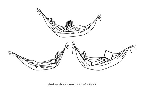 vector de reposo de hamaca. persona de verano, vacaciones de vacaciones, relax feliz, estilo de vida mintiendo, descanso despreocupado hamaca de carácter descansando. ilustración de línea negra de personas