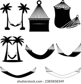 Hammock silhouettes Illustrations. Hammocks hanging from coconut trees 
